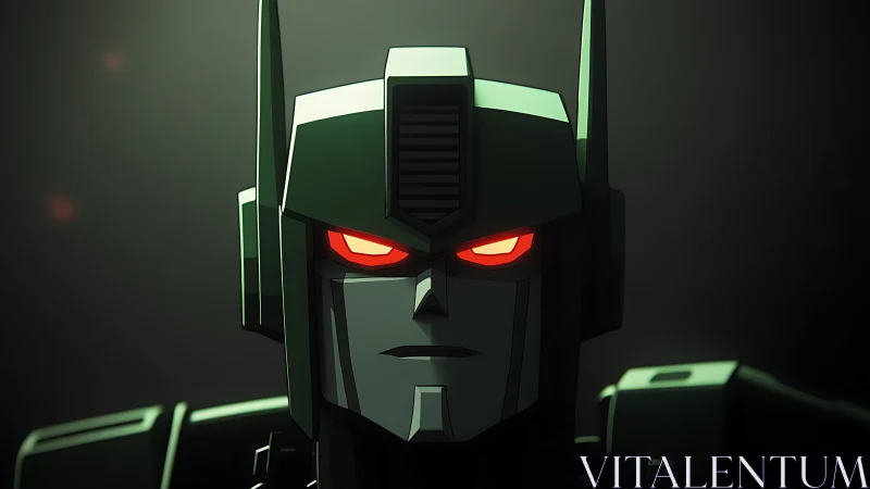 Robot head rendered with hard lighting and red illuminated eyes