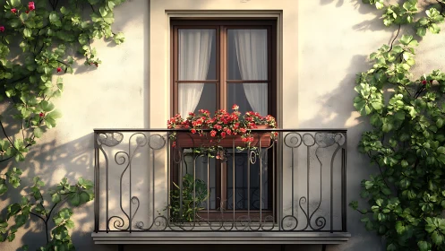 Sunlit balcony window frames red geraniums and ivy vines