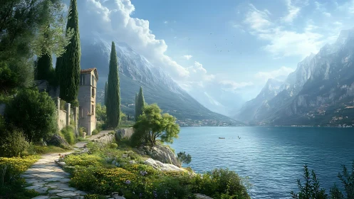 Mediterranean lakeside villa path under luminous alpine sky.