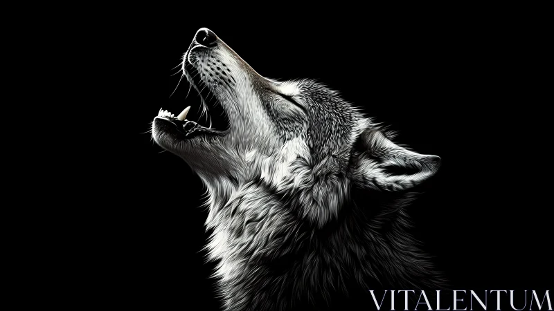 Digital painting profile of a howling wolf on black ground.