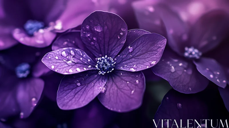Purple petals jeweled with dewdrops capture nature's crystalline poetry. Perfect.