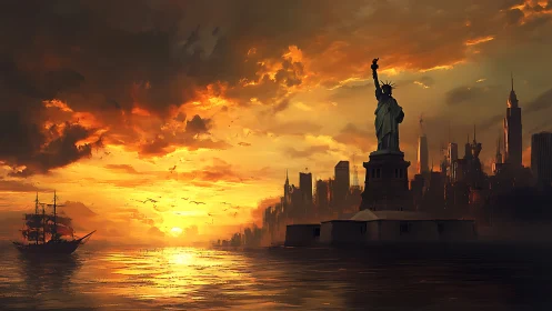 Digital painting of Liberty Harbor at cinematic sunset.