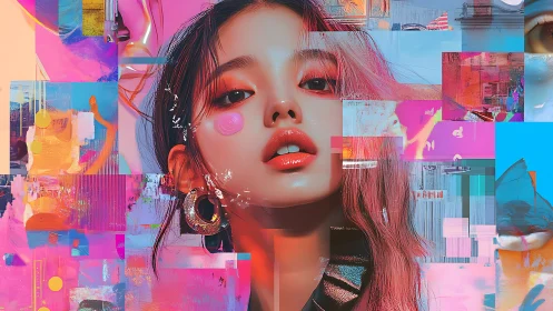 Neon dreamgirl leans through glitchy pixels and painted noise