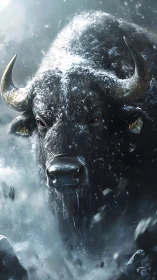 Snow-covered buffalo head is rendered in a winter blizzard