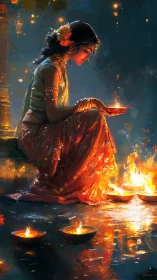Woman in traditional attire holds oil lamp beside multiple flames