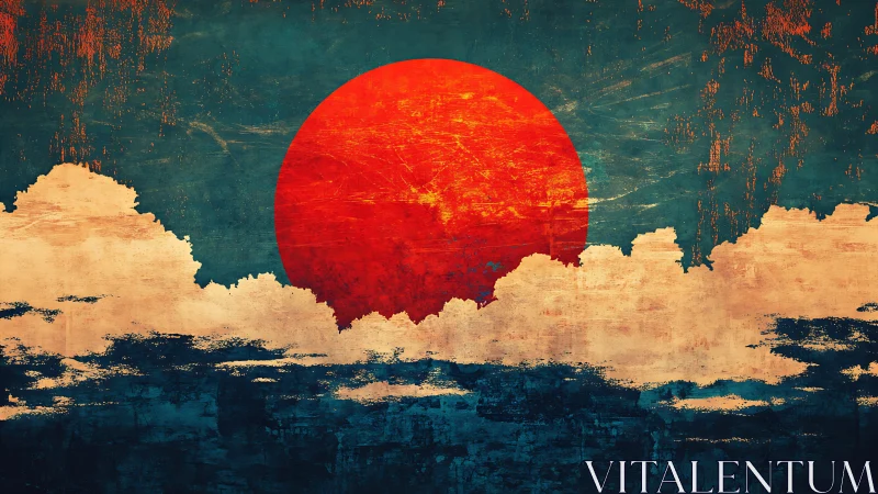 Crimson sun ignites textured clouds over abstract horizon.