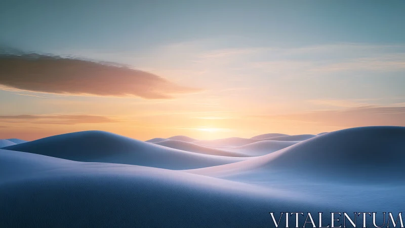 Sunrise light glides over smooth blue desert sand dunes