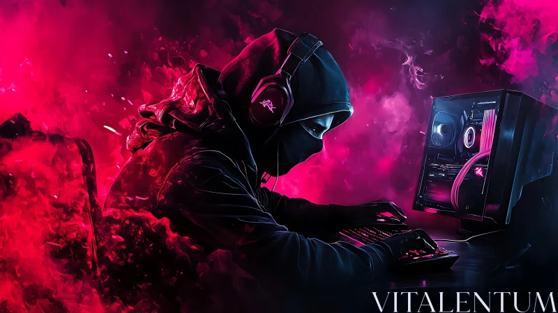 Hooded gamer uses RGB desktop PC in neon pink smoke