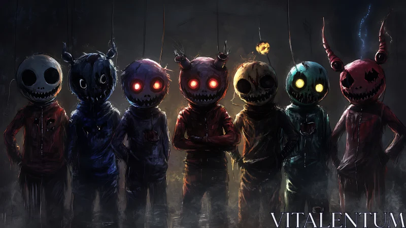 Midnight puppet misfits lined up in glowing hoodies.