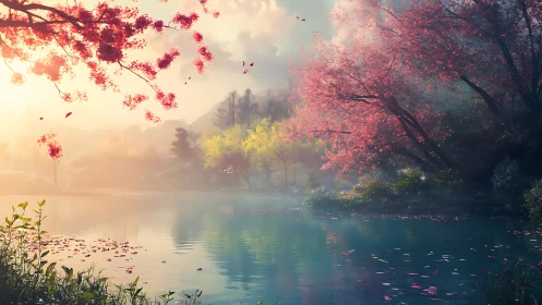 Silk-petal sunrise over a whispering cherry blossom lake.