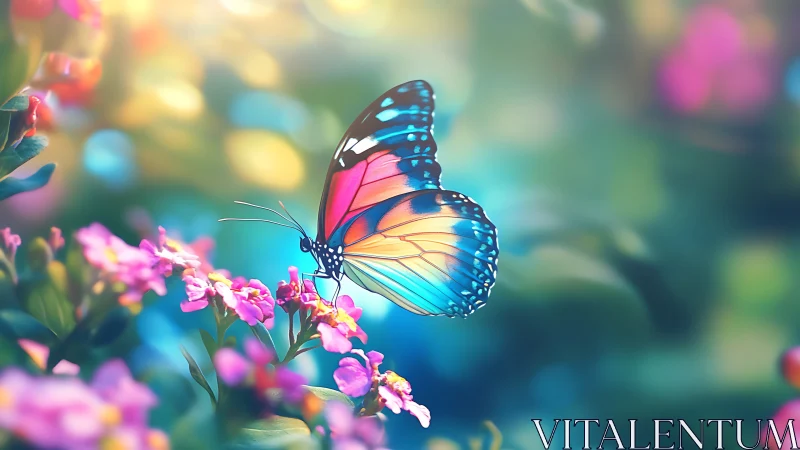 Bioluminescent-style butterfly on pink blossoms, shallow bokeh field