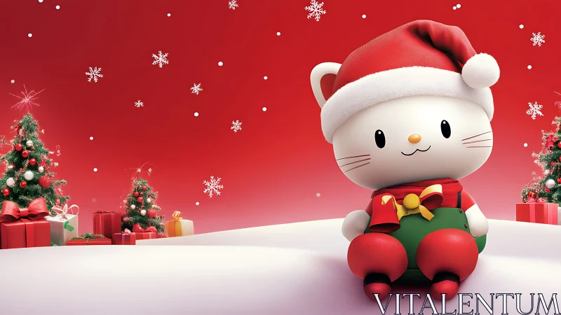 Cute 3D Christmas cat mascot in festive red winter scene