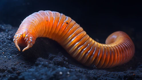 Macro study of segmented orange worm on black substrate.