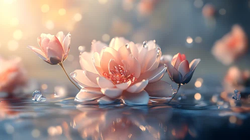 3D-Rendered Peony Blossom with Hydrostatica Reflections on Liquid Surface