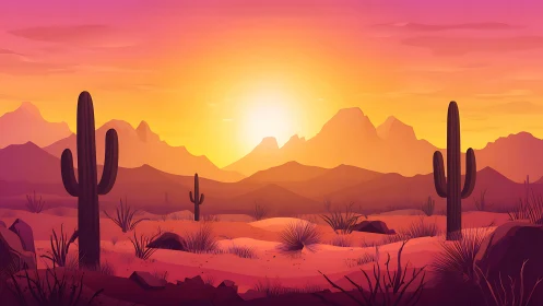 Chromatic desert horizon with silhouetted cacti at sunset.