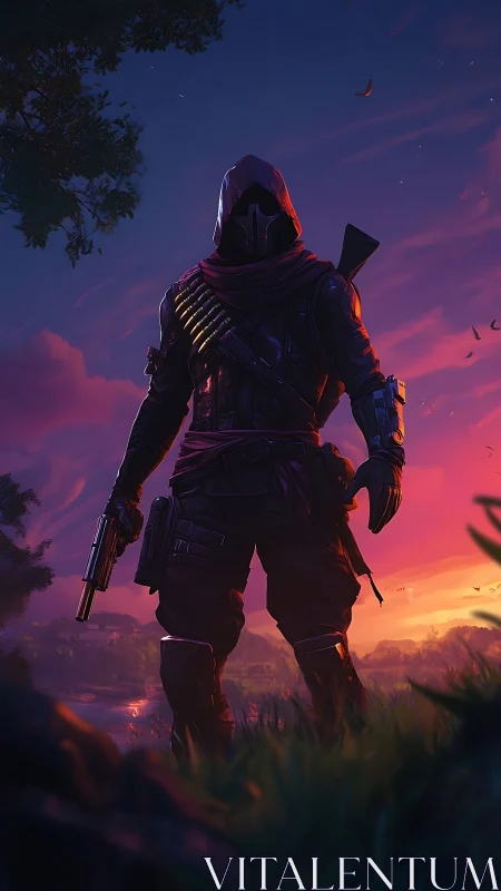 Digital painting of hooded gunslinger at dusk horizon line.
