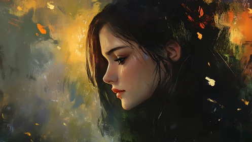 Melancholic profile of young woman amid glowing strokes.