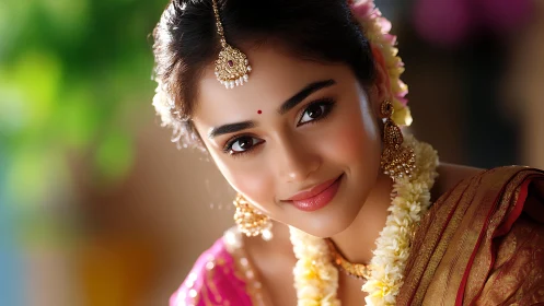 Portrait depicts woman in traditional attire with floral garland