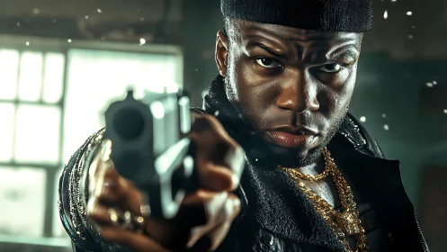 Close view of man aiming handgun with intense expression.