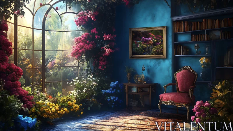 Sunlit floral reading room with ornate red vintage armchair.
