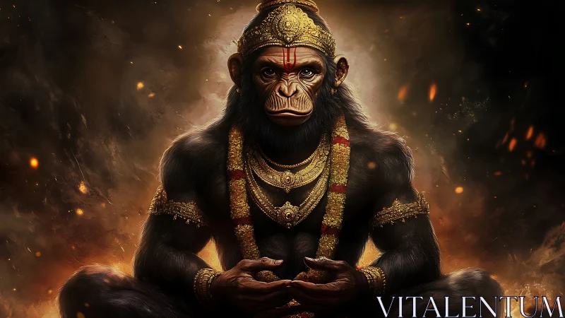 Majestic warrior monkey sitting in golden divine armor.