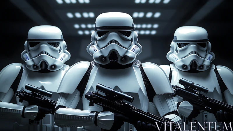 Armored sci fi soldiers stand in formation under cold light.