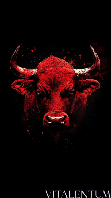 Crimson bull portrait with splattered ink intensity.