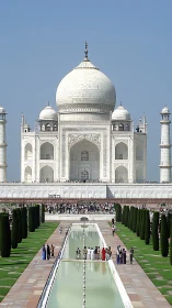 Symmetrical frontal view isolates the Taj Mahal’s domed mausoleum