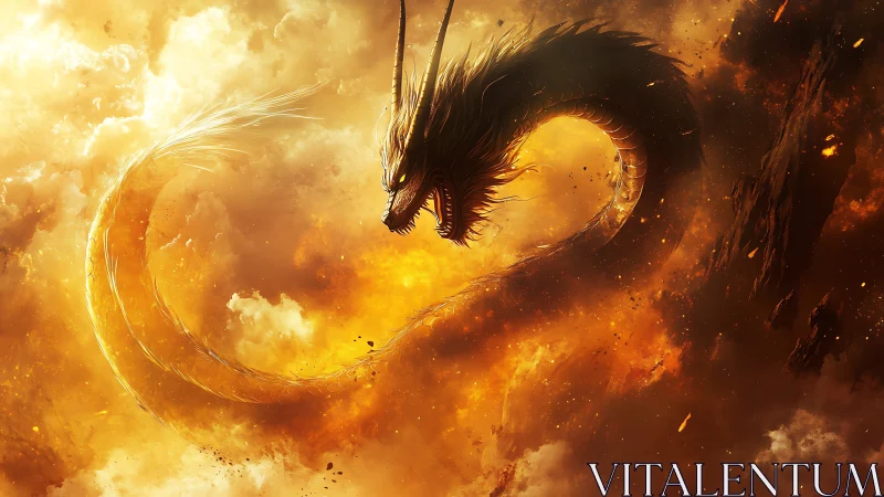 Serpentine dragon form rendered within dense golden clouds