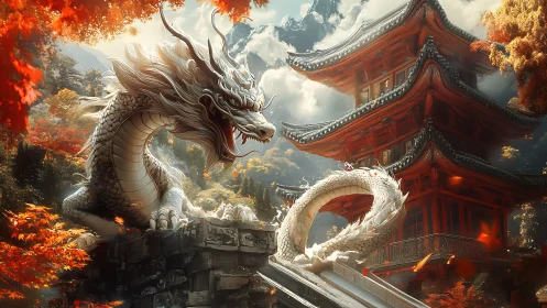 White dragon coils before vermilion pagoda in autumn haze