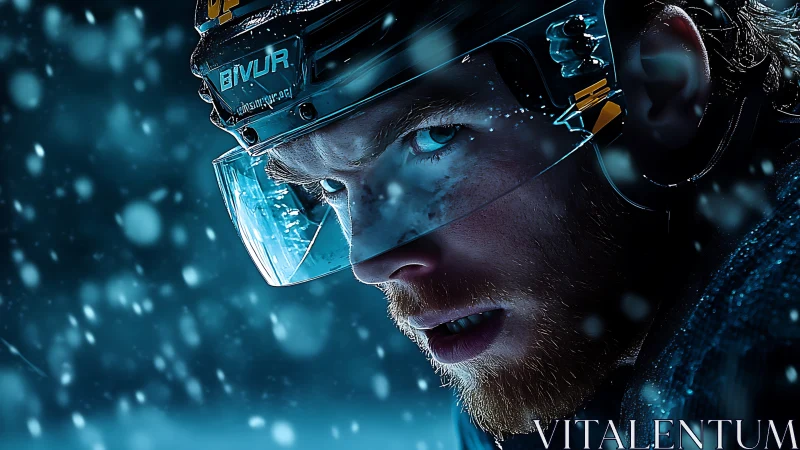 Intense ice hockey close-up shows visor reflections and snow particles