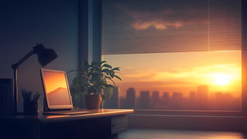 Sunlit minimalist desk workspace with glowing city sunset.