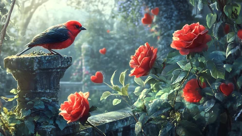 Scarlet songbird overlooks dewy roses in enchanted garden.