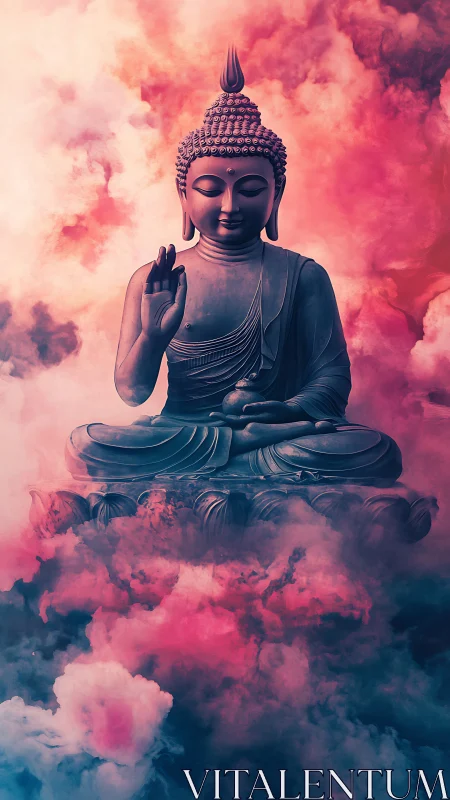 Digital painting of meditative Buddha amid prismatic clouds.