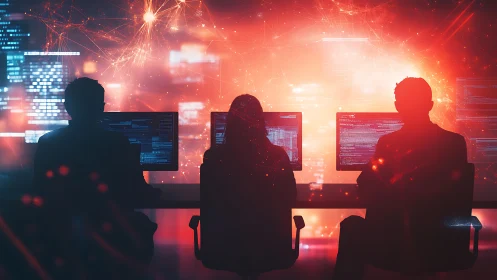 Silhouetted developers monitor multiple code screens at night