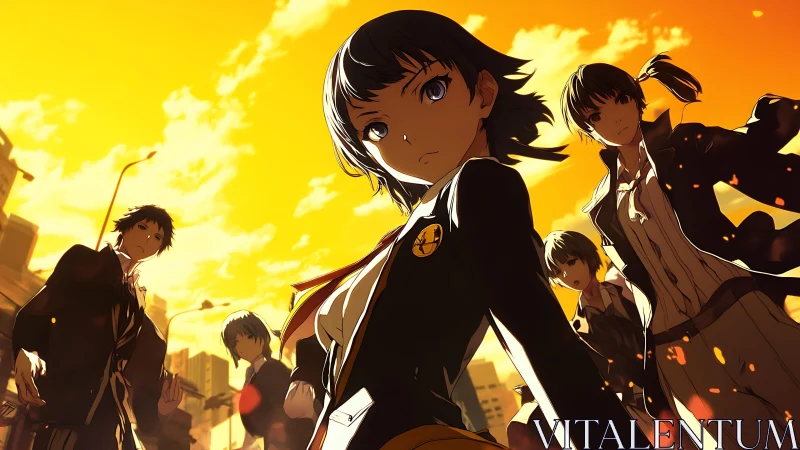 Group of students in city street under orange sky.