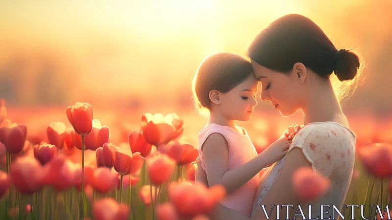 Woman and Child in Red Tulip Field at Sunset