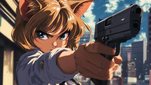 Cat eared anime heroine holds a pistol with fierce resolve