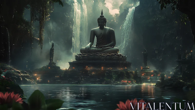 Hidden waterfall sanctuary with serene meditating Buddha.