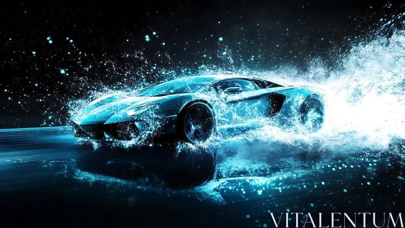 Futuristic sports car slices through neon water explosion
