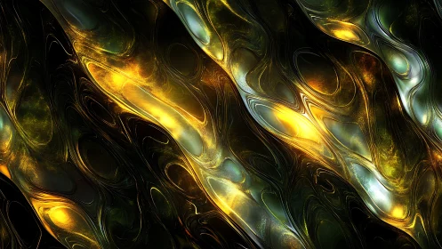 Gold and green fluid fractal bands with reflective highlights.