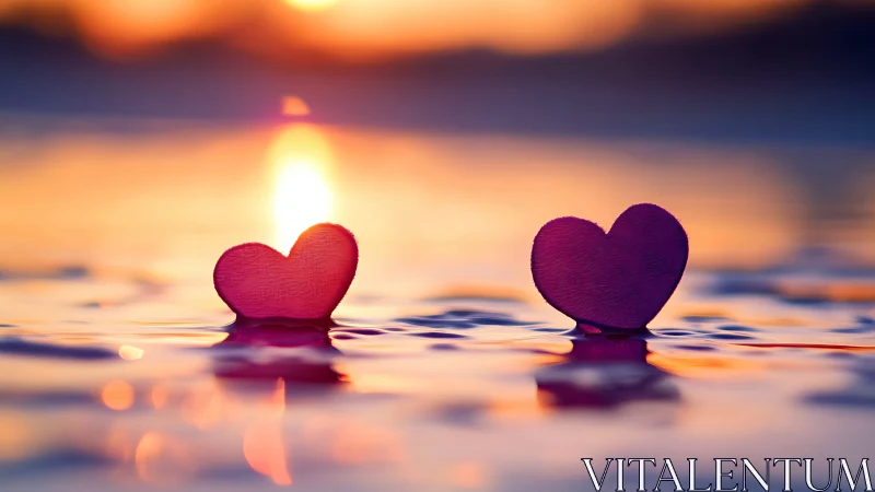 Two Pink Hearts Rest on Wet Sand at Sunset.