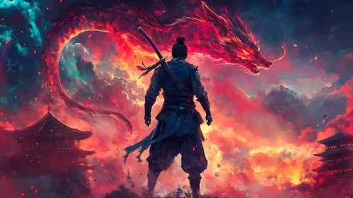 Digital painting of lone samurai confronting celestial fire dragon.