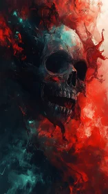 Fiery spectral skull emerges from swirling red and teal mist
