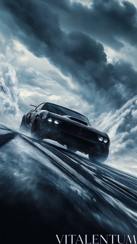 Low-angle muscle car drifting on wet asphalt under storm clouds