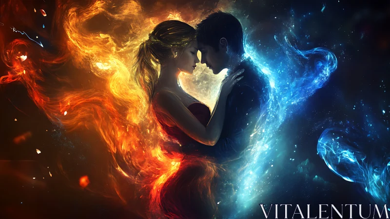 Silhouetted figure with contrasting fire and electricity energy effects