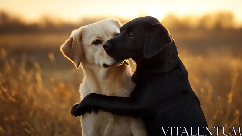 Two Labradors Embracing in Golden Field at Sunset.