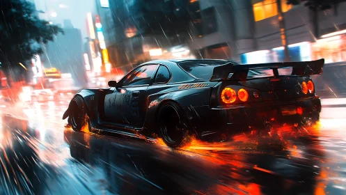 Modified sports car moves through wet neon city street at night