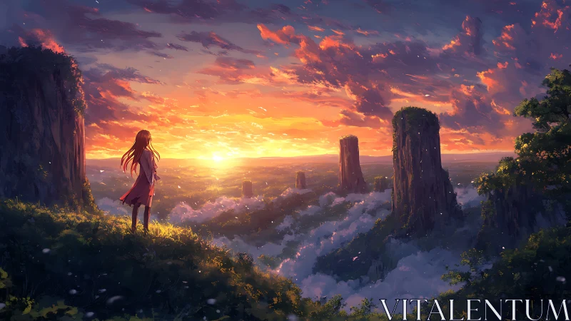 Sunset wanderer gazes over glowing cliffs and cloud valley
