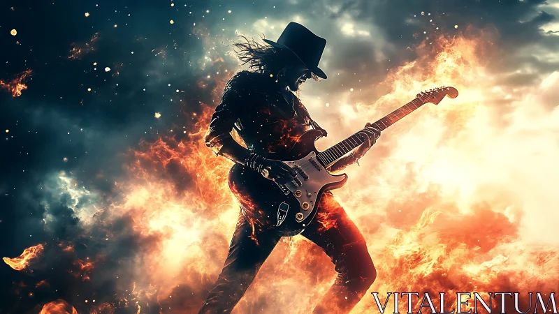 Flaming rock guitarist silhouette shredding electric solo.